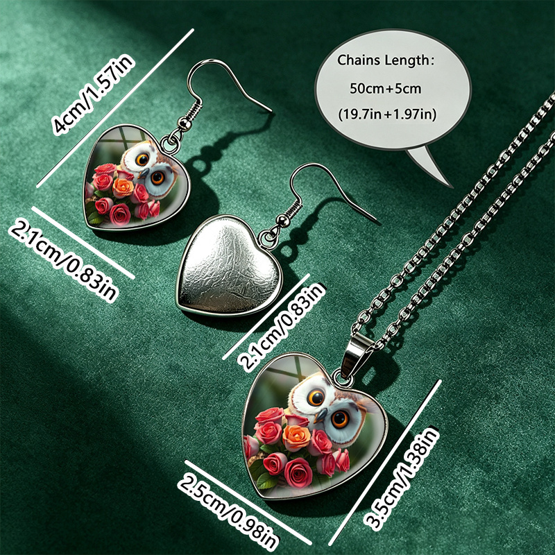 3pc Handmade Owl & Glass Cabochon Necklace & Earrings Set